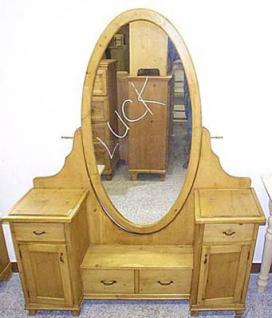 Meuble à miroir ovale, en pin, sur mesure, 4 tiroirs, 2 portes