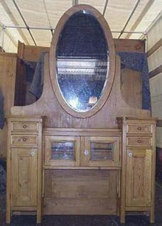 Meuble à miroir ovale, en pin, sur mesure, 4 tiroirs, 4 portes dont 2 petites vitrées