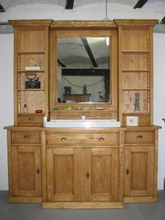 Meuble lavabo en pin, sur mesure, 1 miroir, tablettes, 3 tiroirs, 4 portes