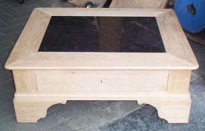Table basse de salon Louis-Philippe, en chêne, sur mesure, avec granit, 1 tiroir
